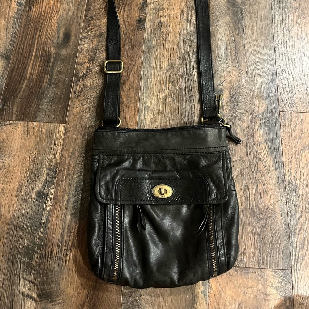 Fossil black leather crossbody purse